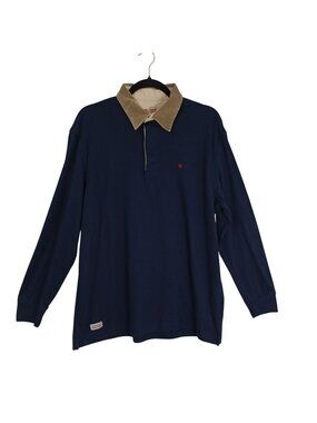 Van Laack Mens Navy Beige Rugby Shirt Collar Cotton Blend Size XL Casual Wear